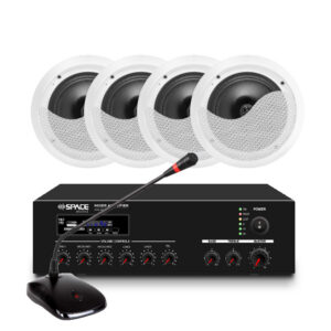 SpaceAudio PA-KIT2 30W Mixer Amplifier, Desktop Microphone & 4× 6.5″ Ceiling Speaker PA Combo System