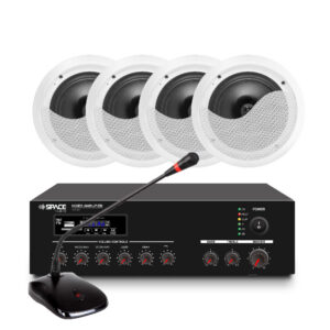 SpaceAudio PA-KIT3 60W Mixer Amplifier, Desktop Microphone & 4× 6.5″ Ceiling Speaker PA Combo System